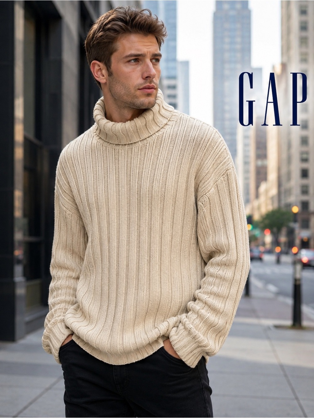 Gap Men's Cream Ribbed Knit Turtleneck Pullover Sweater XL